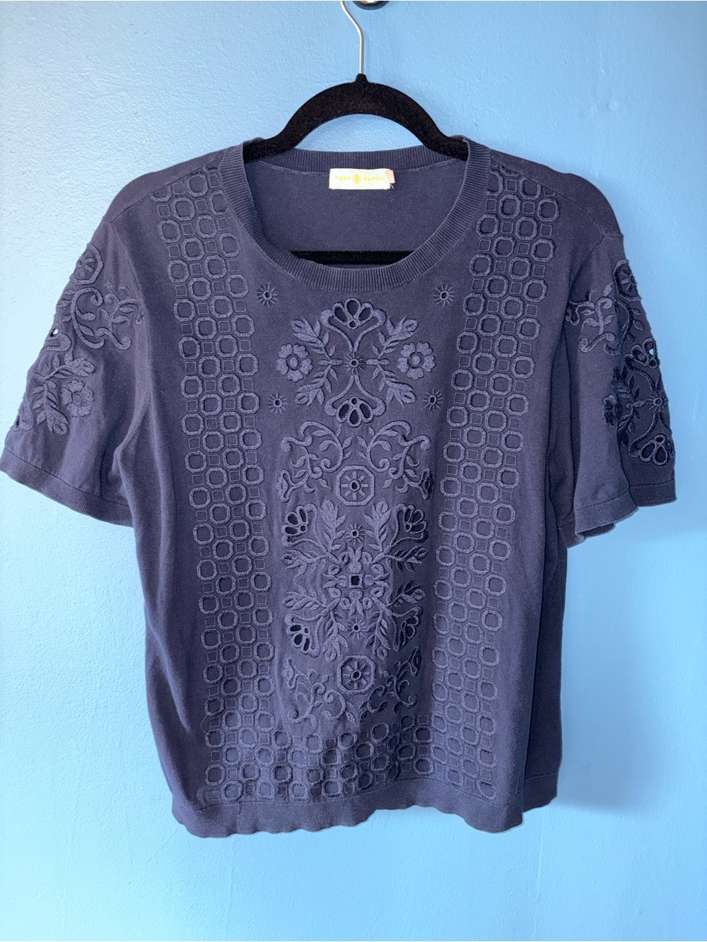 Navy Blue Embroidered 100% Cotton Knit Shirt, XL